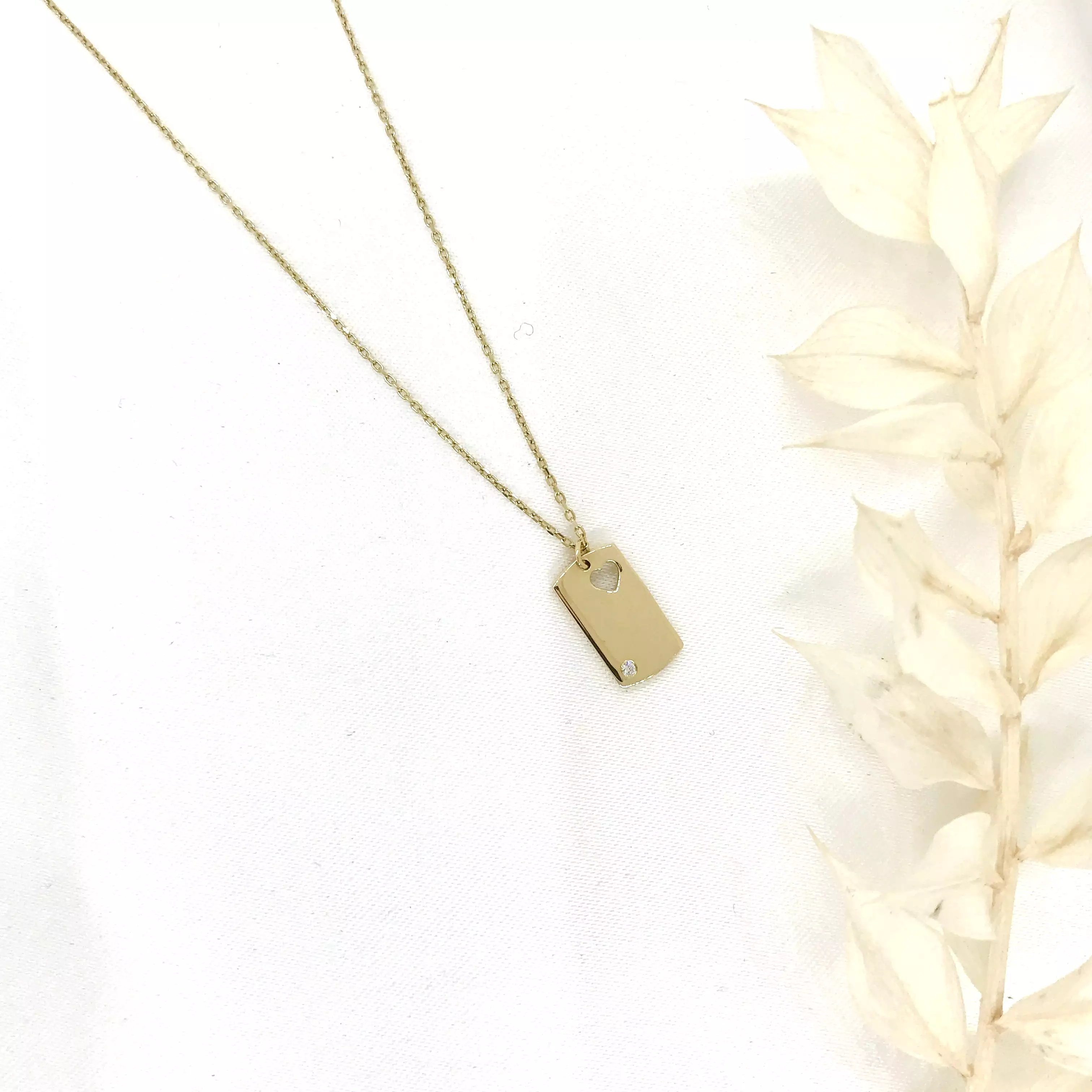 10k Yellow Gold Dog Tag with Heart-Cut out and CZ Necklace