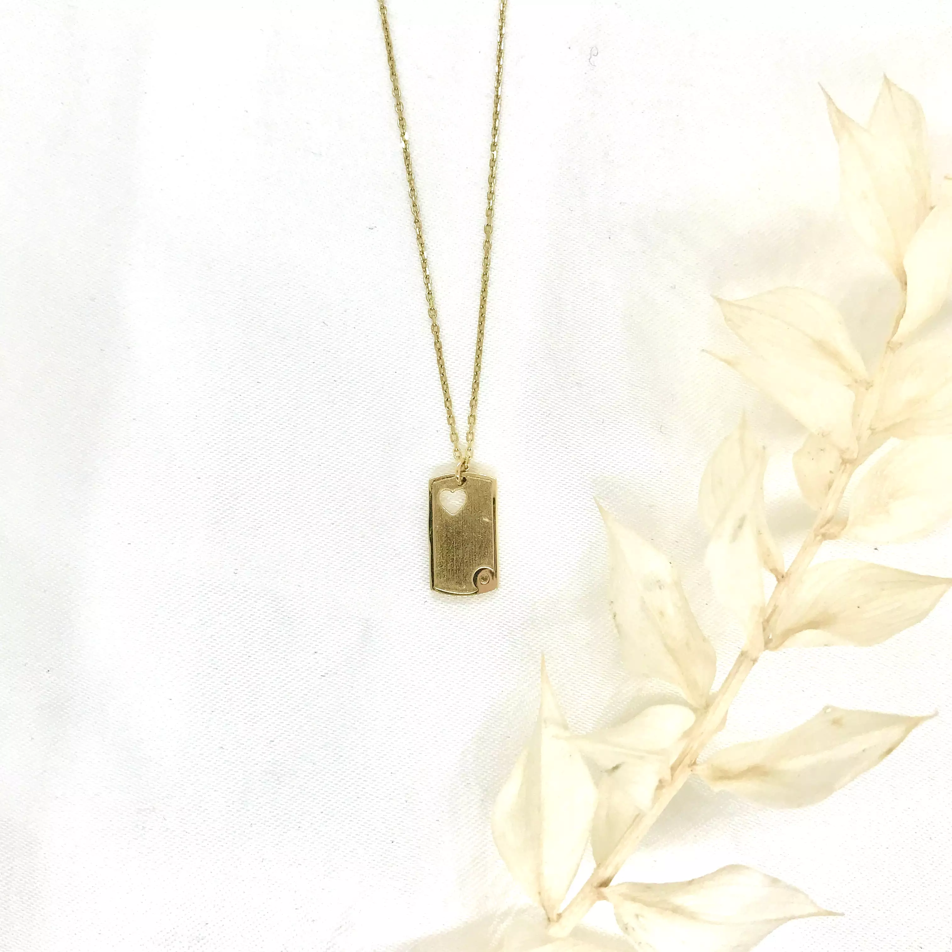 10k Yellow Gold Dog Tag with Heart-Cut out and CZ Necklace