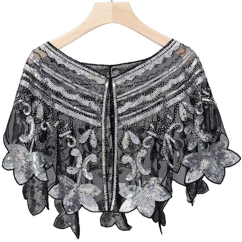 1920s Shawl Wraps Sequin Beaded Evening Cape See-through Bridal Bolero Flapper Cover Up Flapper Outfit