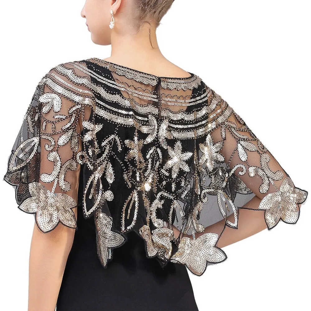 1920s Shawl Wraps Sequin Beaded Evening Cape See-through Bridal Bolero Flapper Cover Up Flapper Outfit