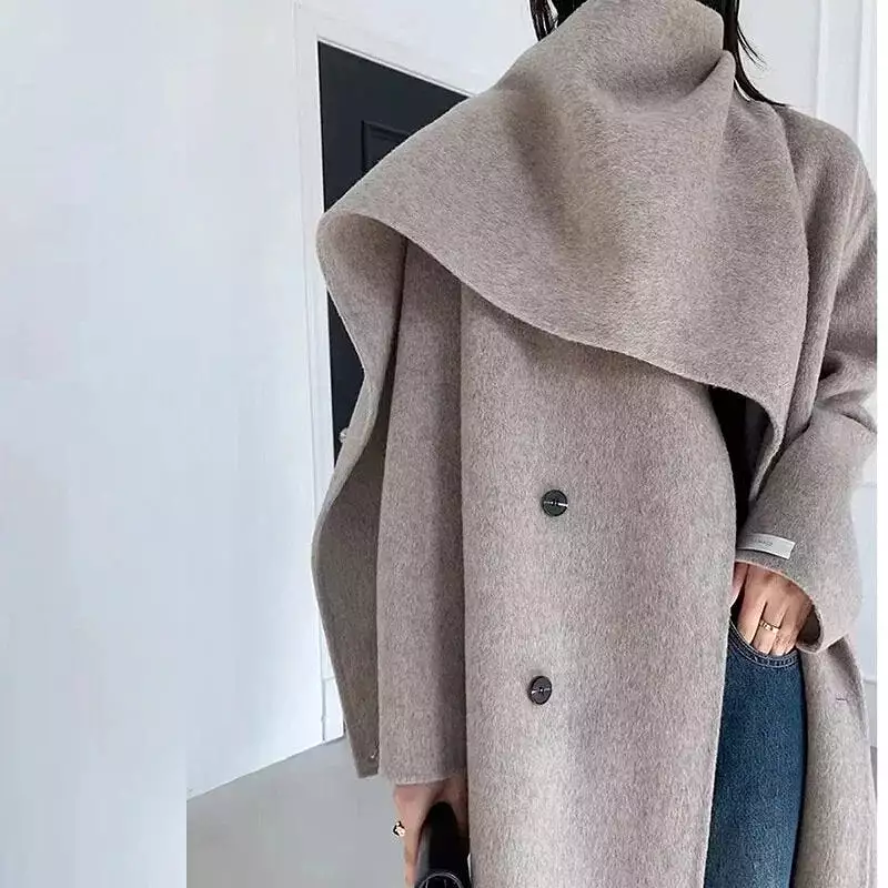 2023 Spring And Winter New Shawl Scarf Collar Double-breasted Solid Color Women's Double-sided Woolen Belt Coats 2R4921