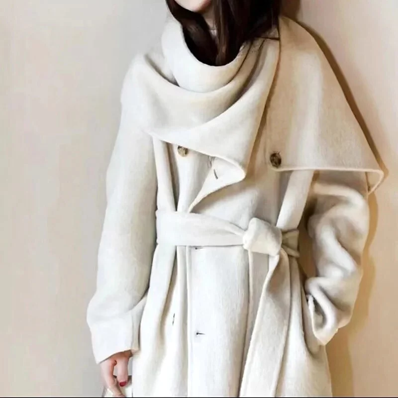 2023 Spring And Winter New Shawl Scarf Collar Double-breasted Solid Color Women's Double-sided Woolen Belt Coats 2R4921