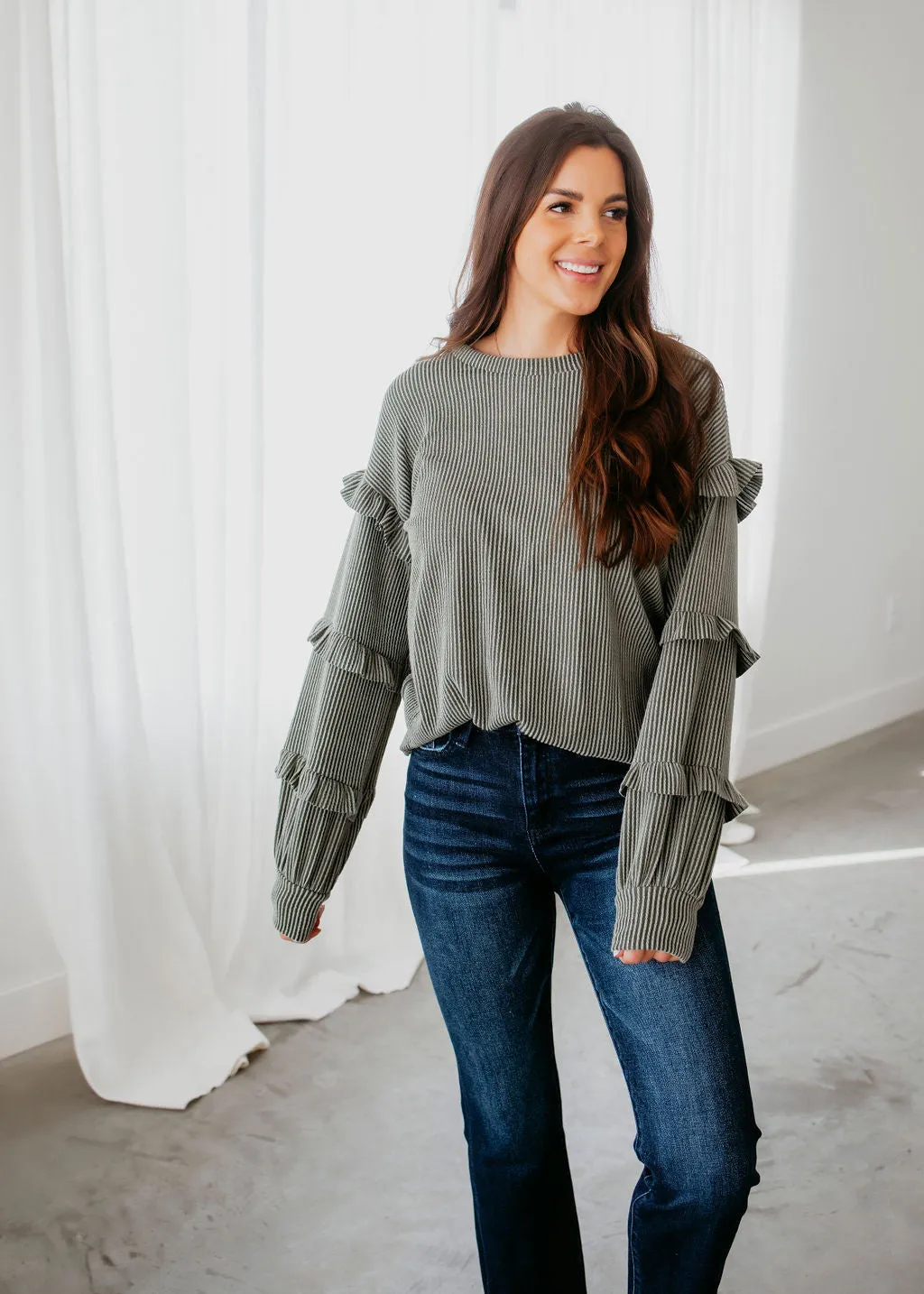 Andrea Ribbed Ruffle Detail Sweater