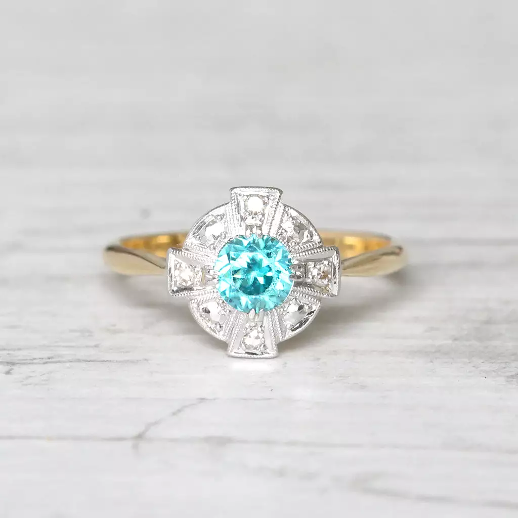 Art Deco 0.65 Carat Blue Zircon and Diamond Cluster