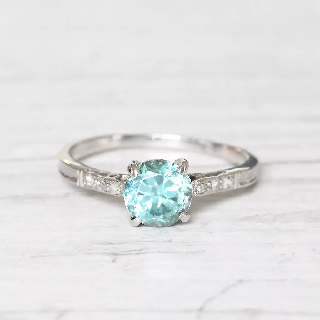 Art Deco 1.25 Carat Old Cut Blue Zircon and Diamond Solitaire