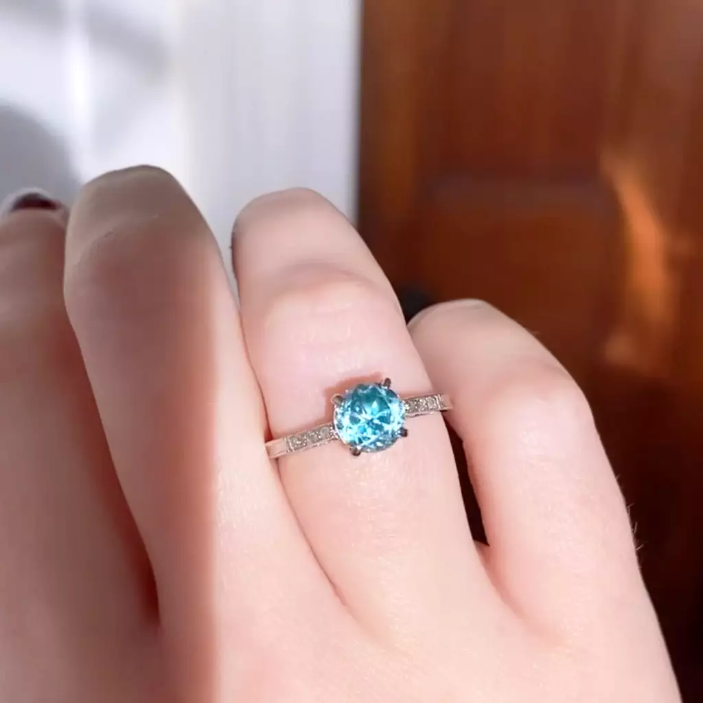 Art Deco 1.25 Carat Old Cut Blue Zircon and Diamond Solitaire