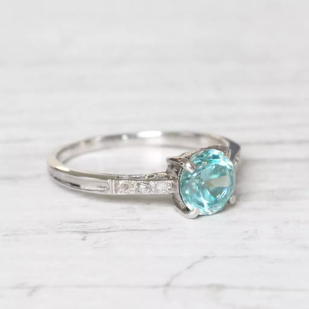 Art Deco 1.25 Carat Old Cut Blue Zircon and Diamond Solitaire