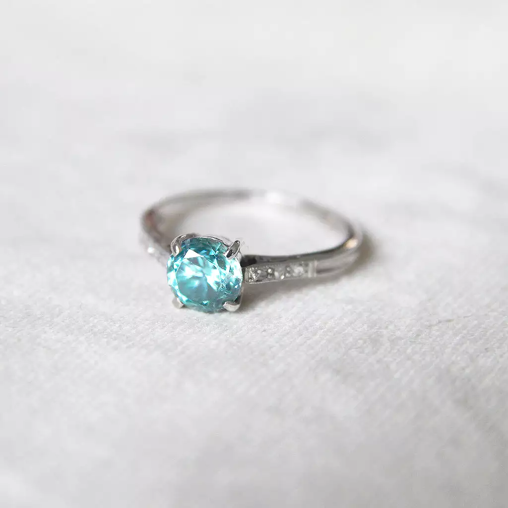 Art Deco 1.25 Carat Old Cut Blue Zircon and Diamond Solitaire