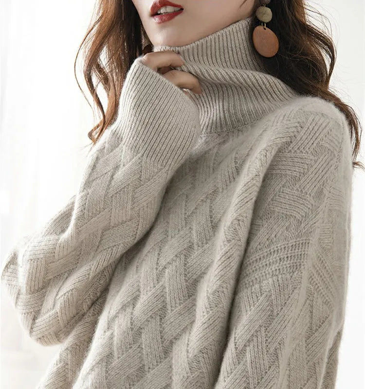 Ashore Shop Autumn and winter turtleneck cashmere sweater woman  new style languid breeze loose thick pullover underlay 100% woo