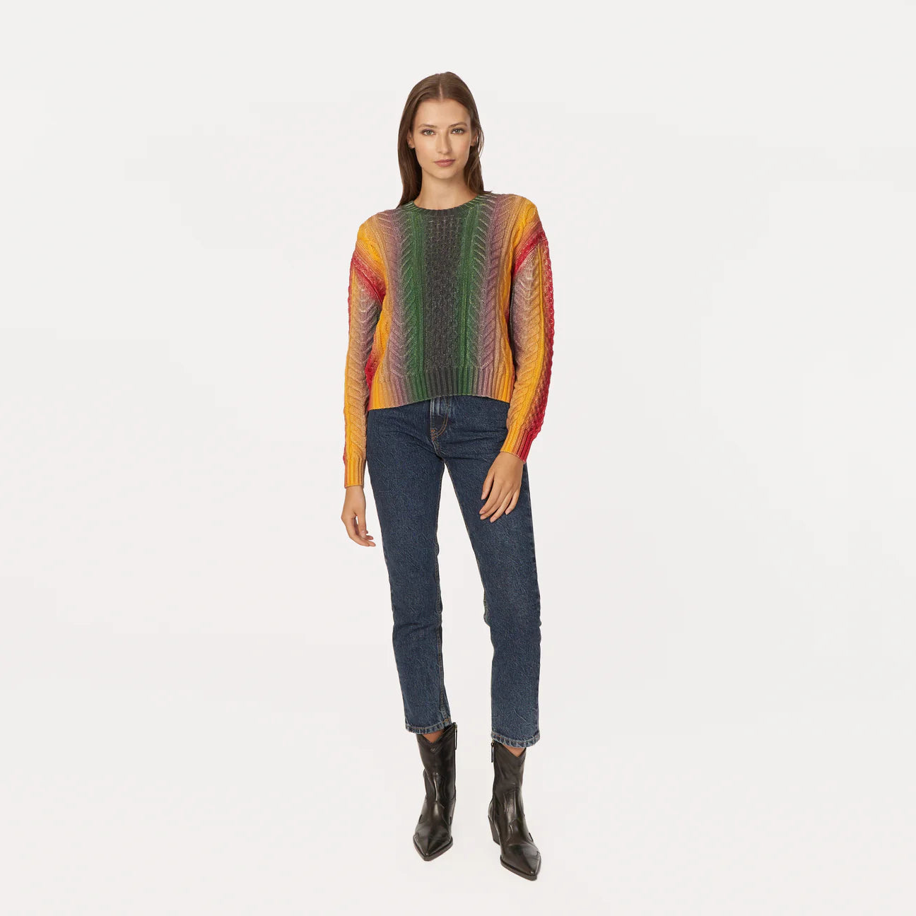 Autumn Cashmere - Gradient Striped Cable Crew - Bright Combo