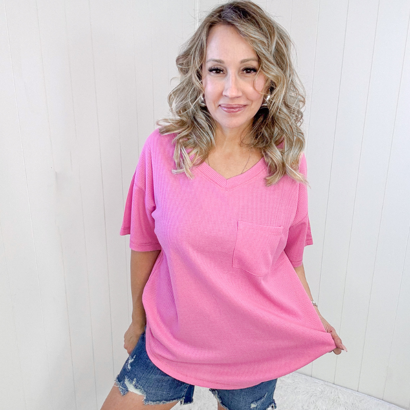 Back Together Pink Waffle Knit V-Neck Short Sleeve Top