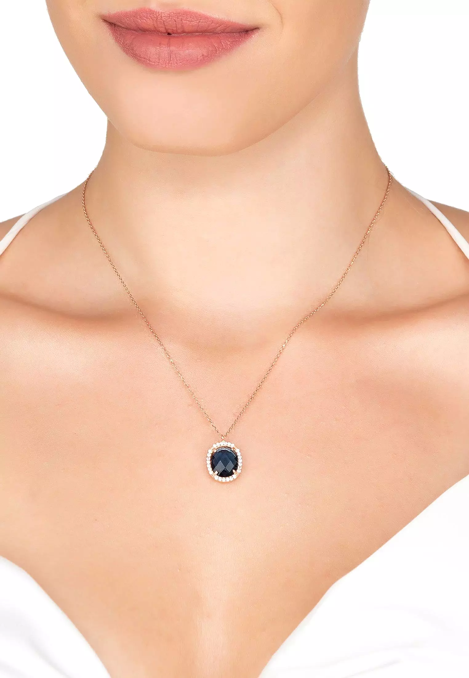 Beatrice Oval Gemstone Pendant Necklace Rose Gold Sapphire Hydro