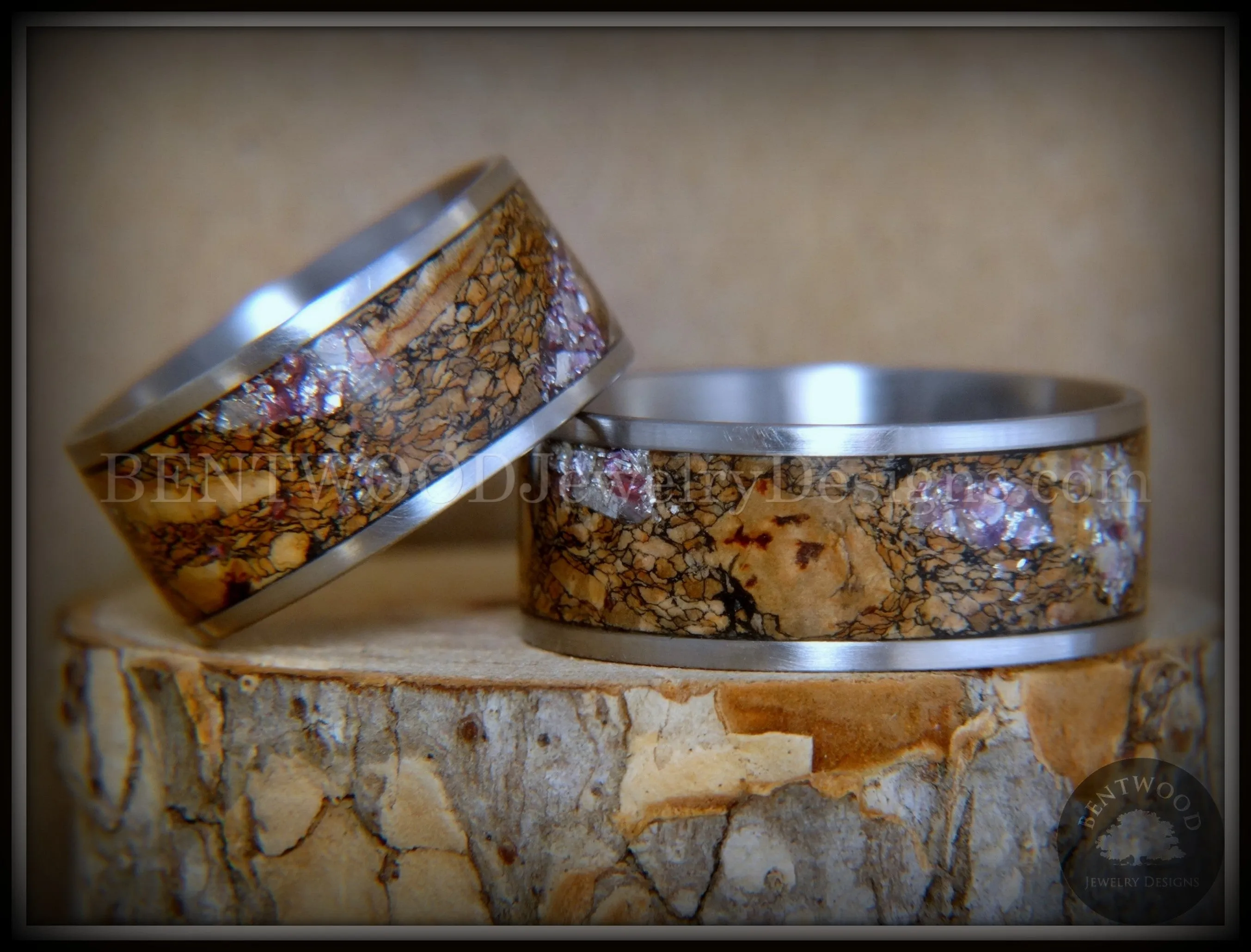 Bentwood Rings Set - Figured Brown Amtheyst Mediterranean Oak Burl on Surgical Steel Core