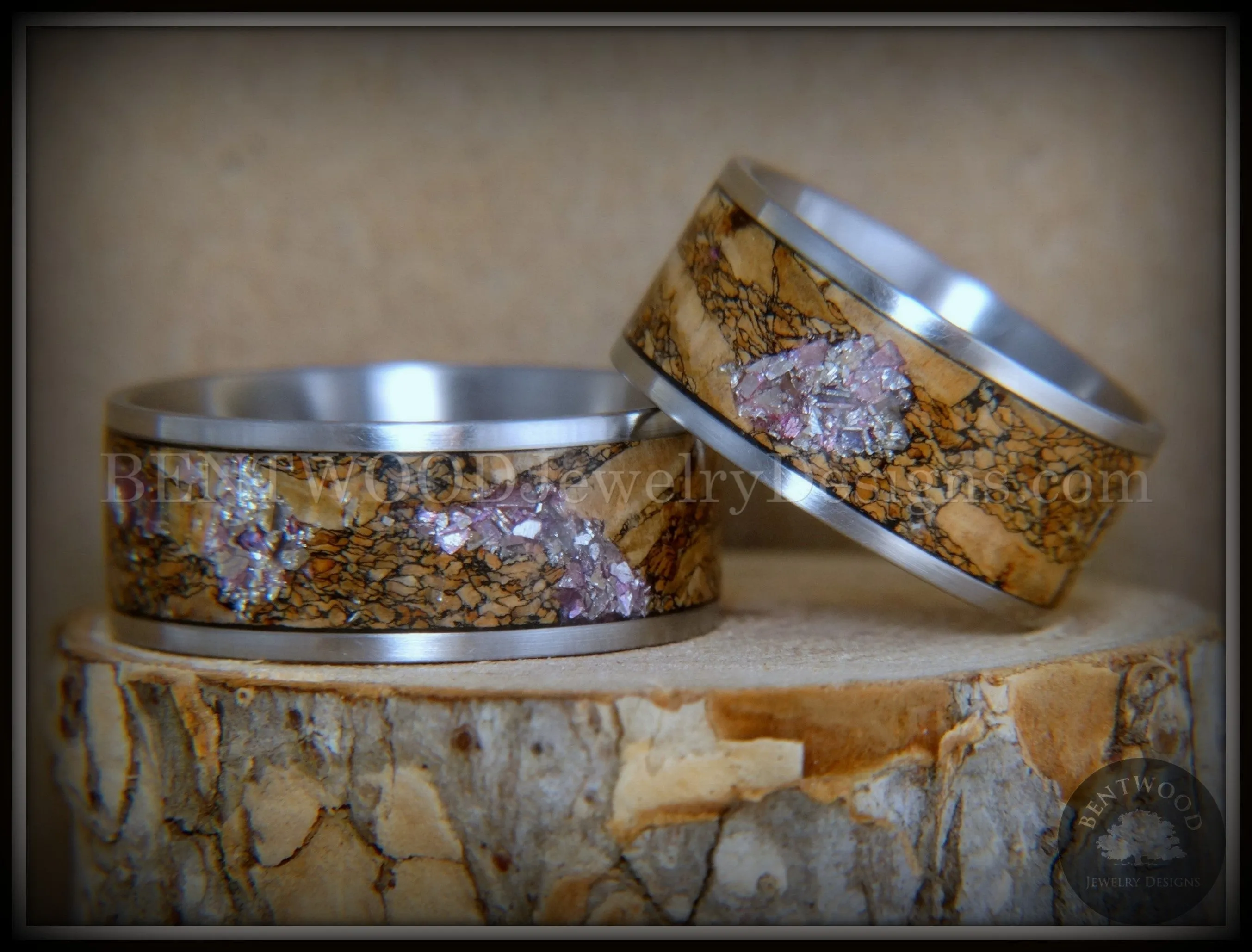 Bentwood Rings Set - Figured Brown Amtheyst Mediterranean Oak Burl on Surgical Steel Core