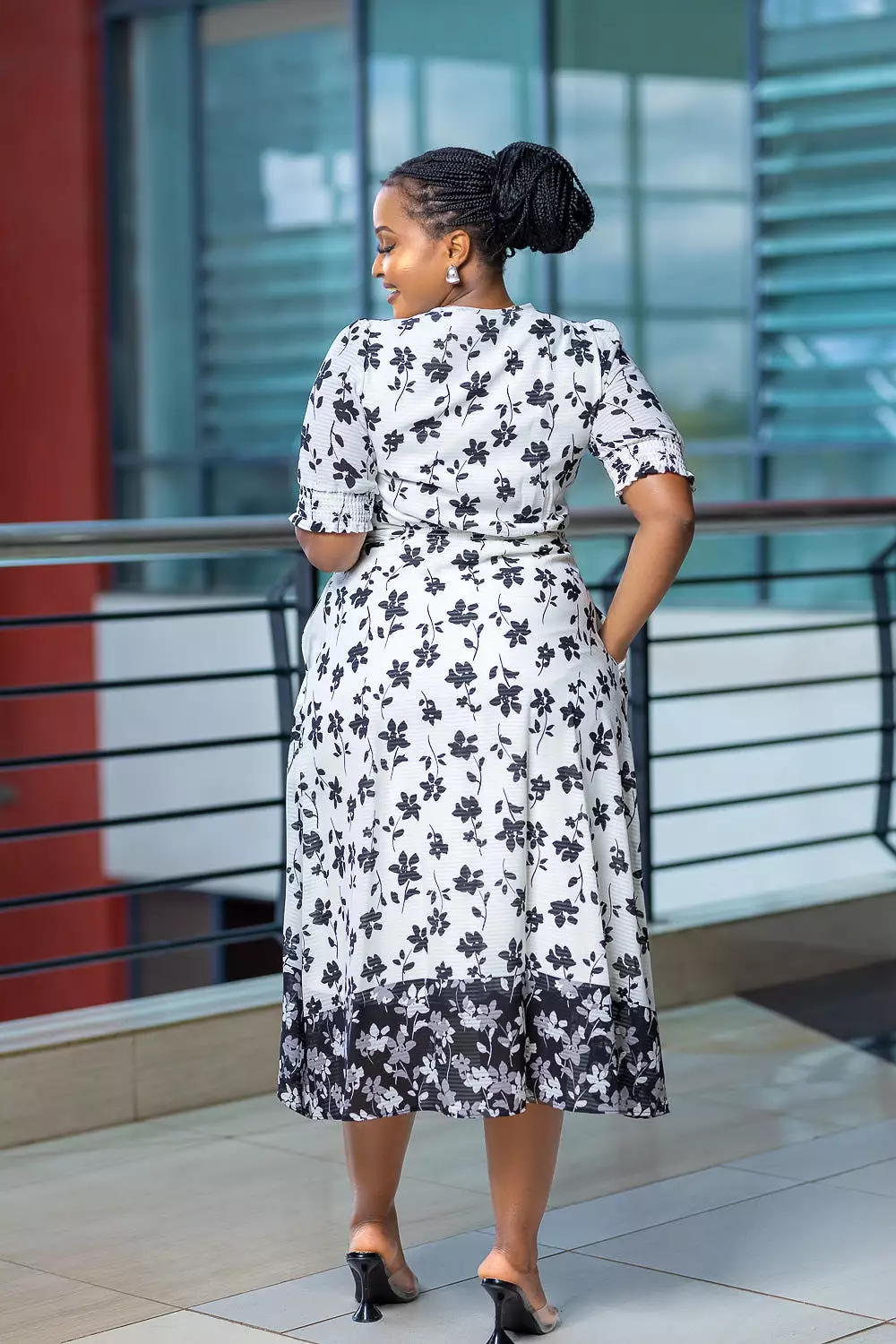 Black and white floral wrap dress