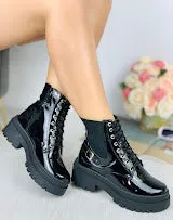 Black Patent Lace-Up Ankle Boots