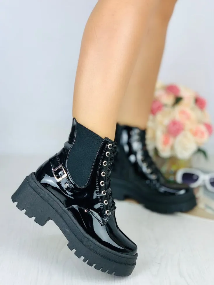 Black Patent Lace-Up Ankle Boots