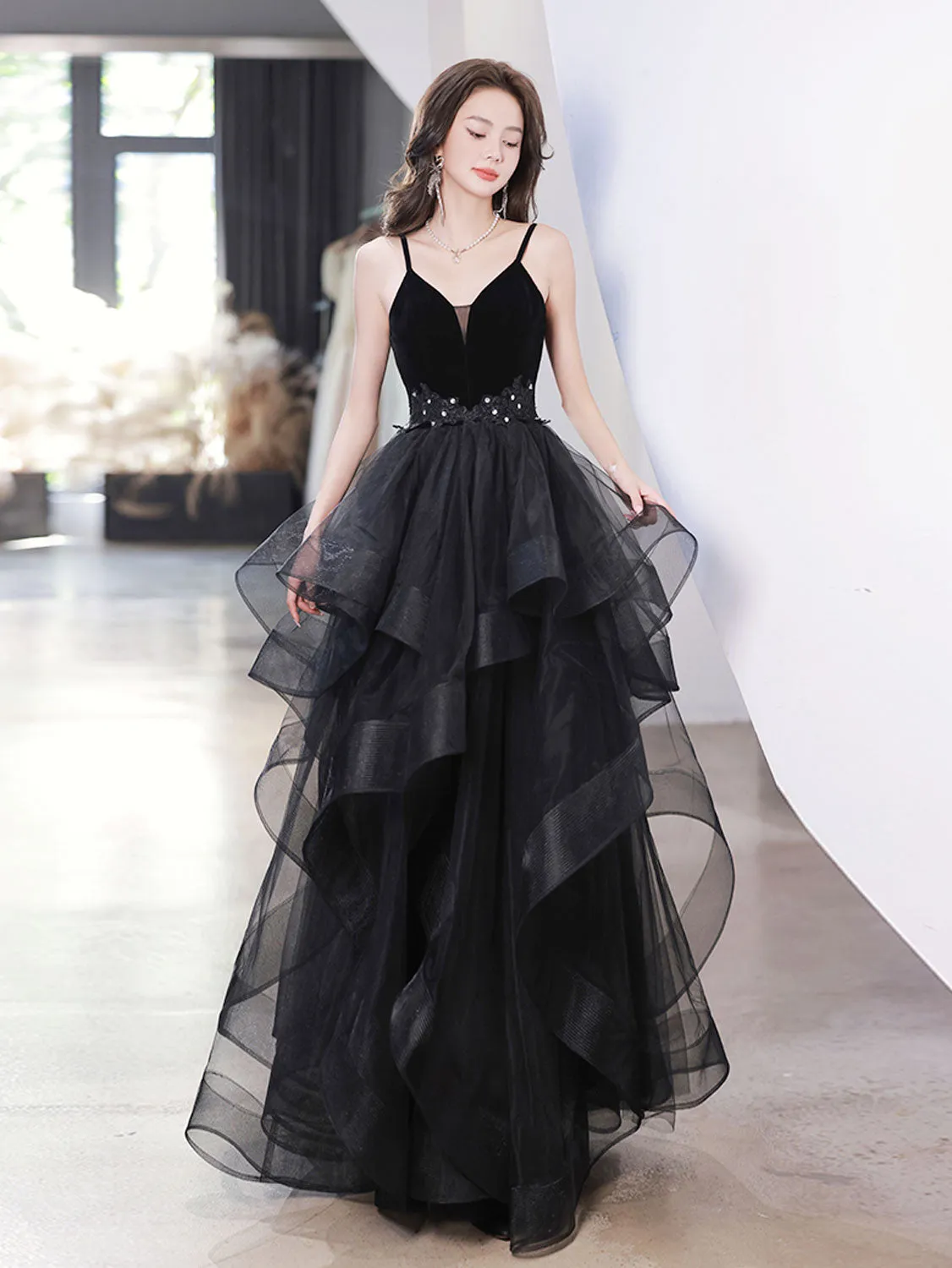 Black Spaghetti Strap Ruffle Skirt Tiered Prom Dress