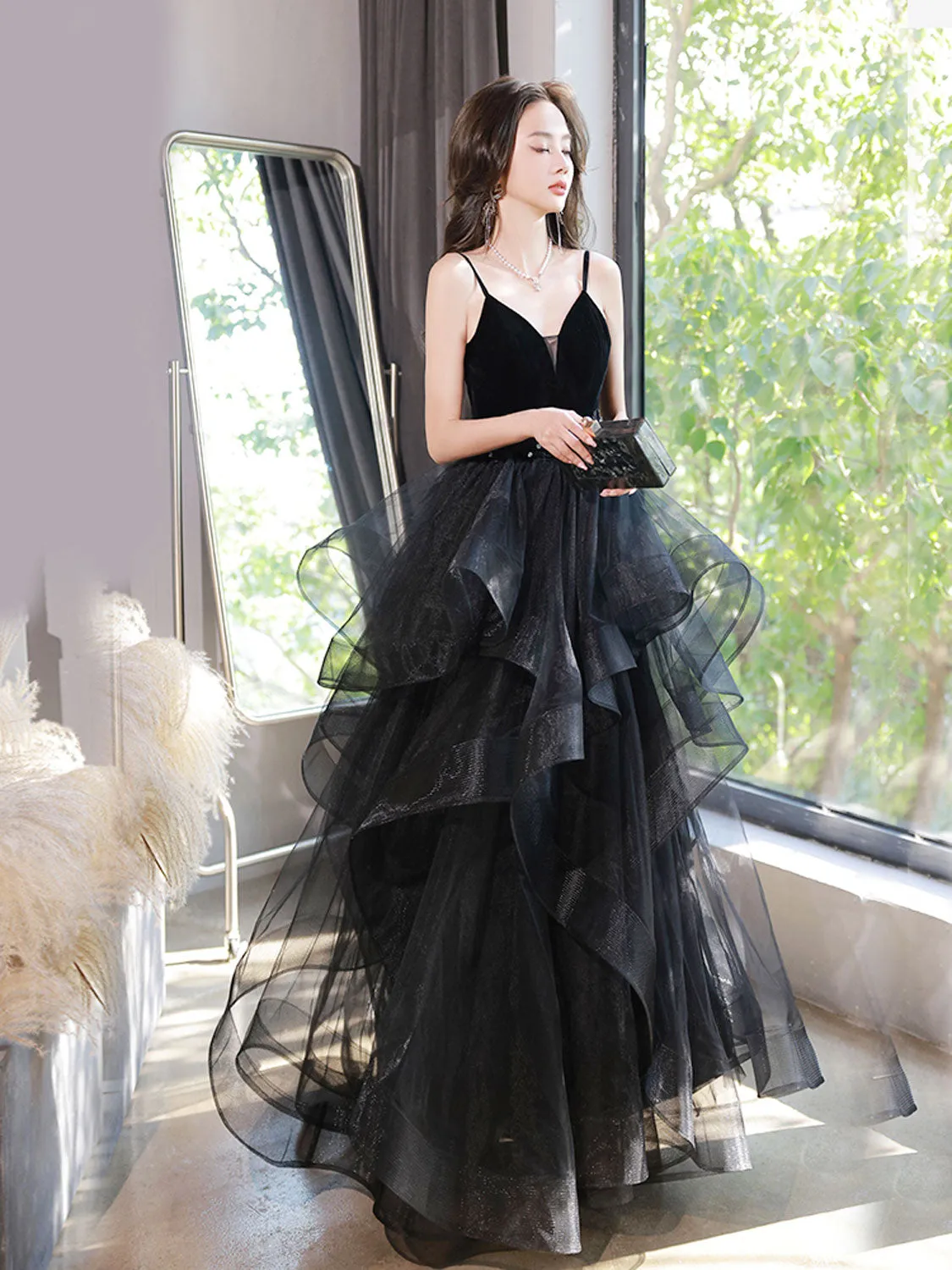 Black Spaghetti Strap Ruffle Skirt Tiered Prom Dress