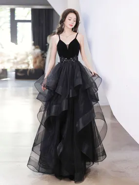 Black Spaghetti Strap Ruffle Skirt Tiered Prom Dress