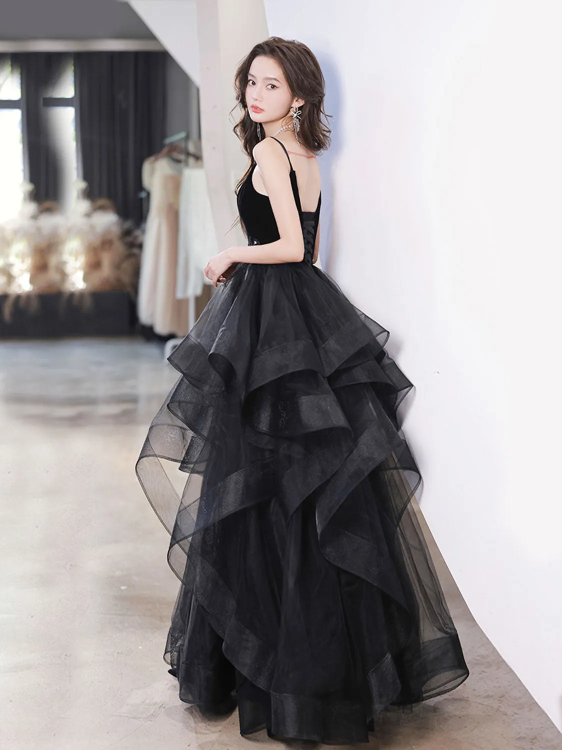 Black Spaghetti Strap Ruffle Skirt Tiered Prom Dress