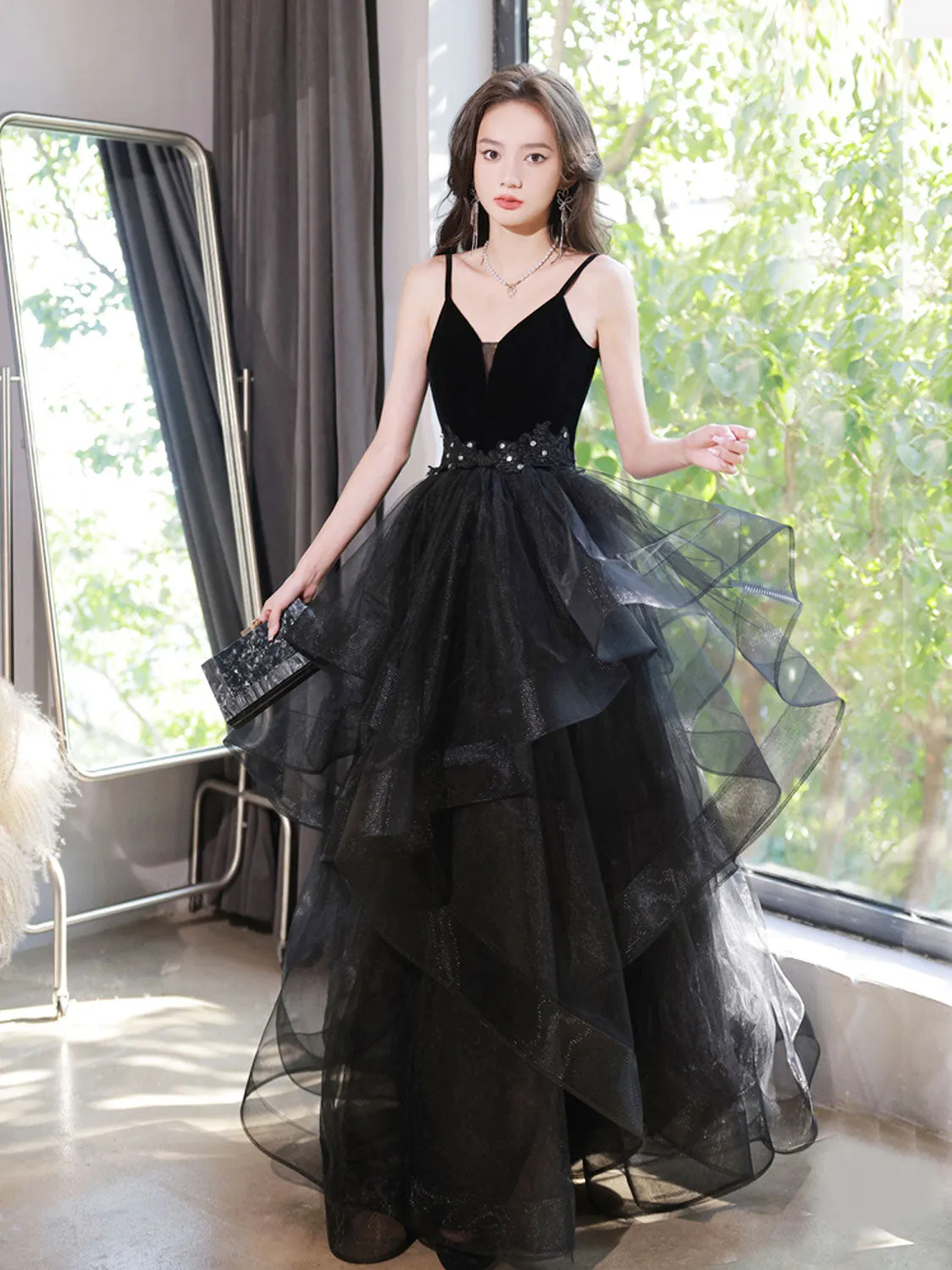 Black Spaghetti Strap Ruffle Skirt Tiered Prom Dress