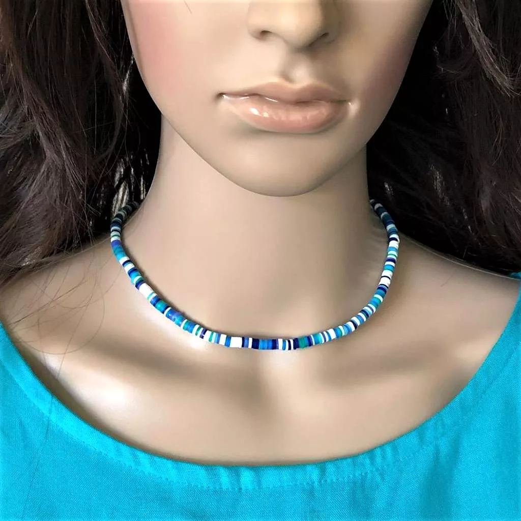 Blue and White Striped Polymer Necklace