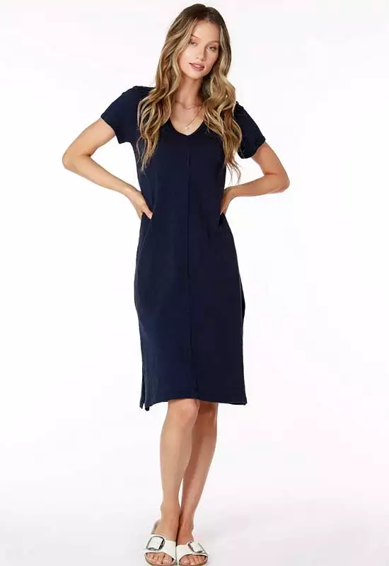 Bobi -Raw Edge V-Neck Midi Dress Dark Navy