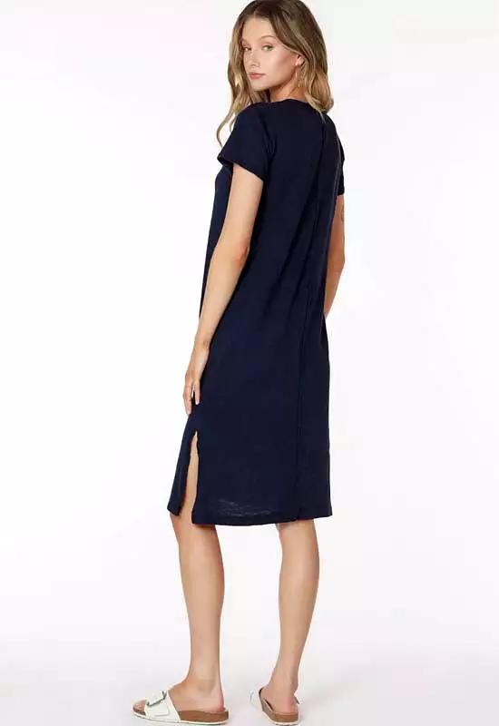 Bobi -Raw Edge V-Neck Midi Dress Dark Navy