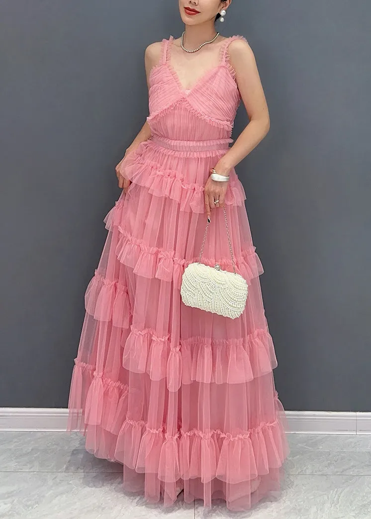 Bohemian Pink V Neck Ruffled Tulle Spaghetti Strap Dress Sleeveless