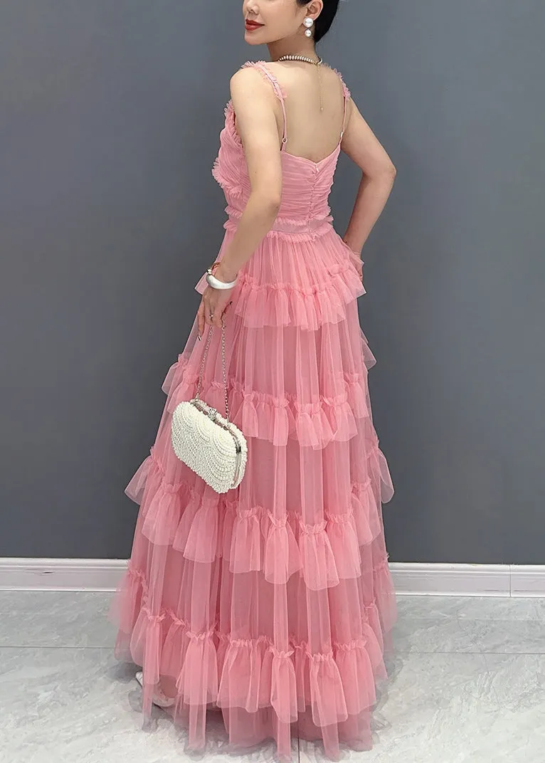 Bohemian Pink V Neck Ruffled Tulle Spaghetti Strap Dress Sleeveless