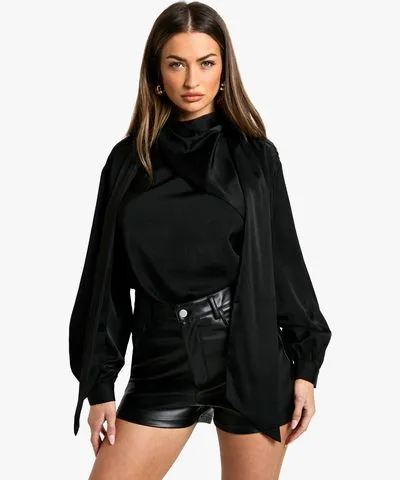 boohoo Womens Satin Scarf Detail Long Sleeve Blouse