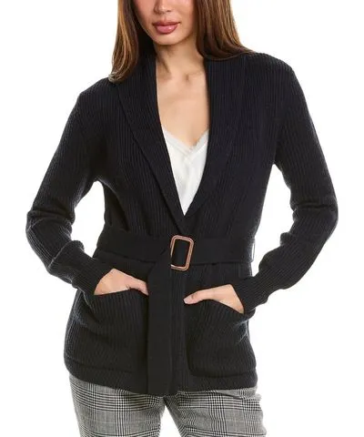 Bruno Magli Ribbed Belted Shawl Wool Cardigan