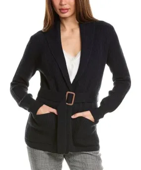 Bruno Magli Ribbed Belted Shawl Wool Cardigan