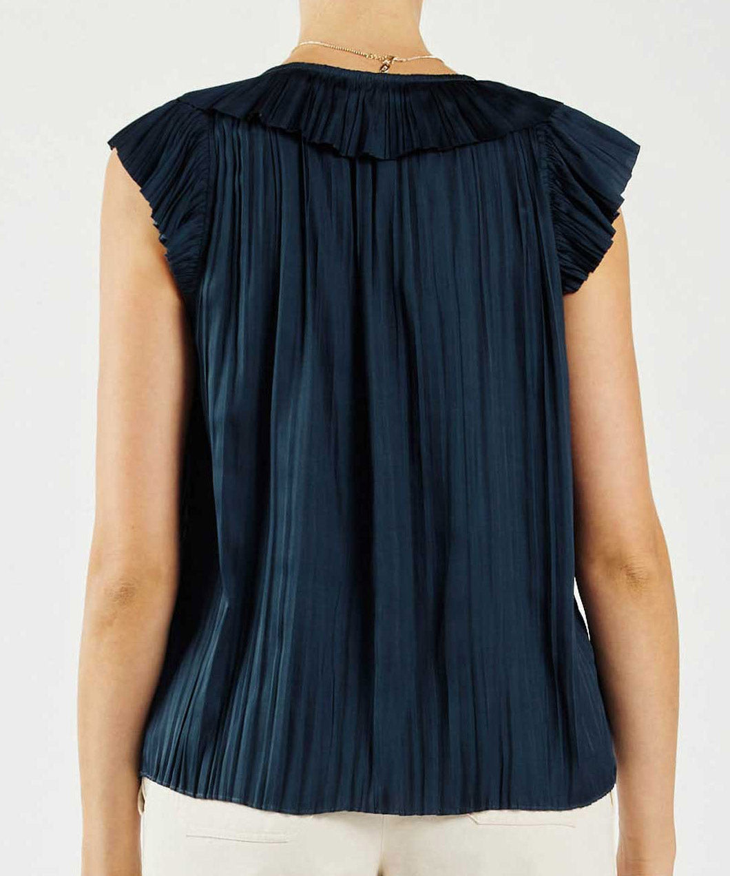 Button Front Pleated Blouse - Navy