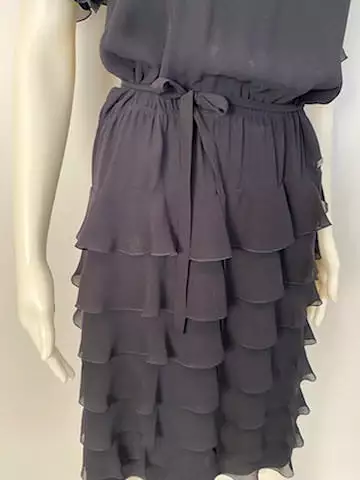 Chanel 01P 2001 Spring Navy Blue Silk Chiffon Ruffle short sleeve dress FR 38 US 4