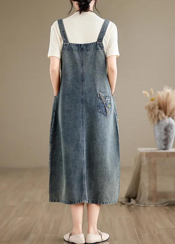 Chic Denim Grey Embroidered Patchwork Spaghetti Strap Dress Sleeveless