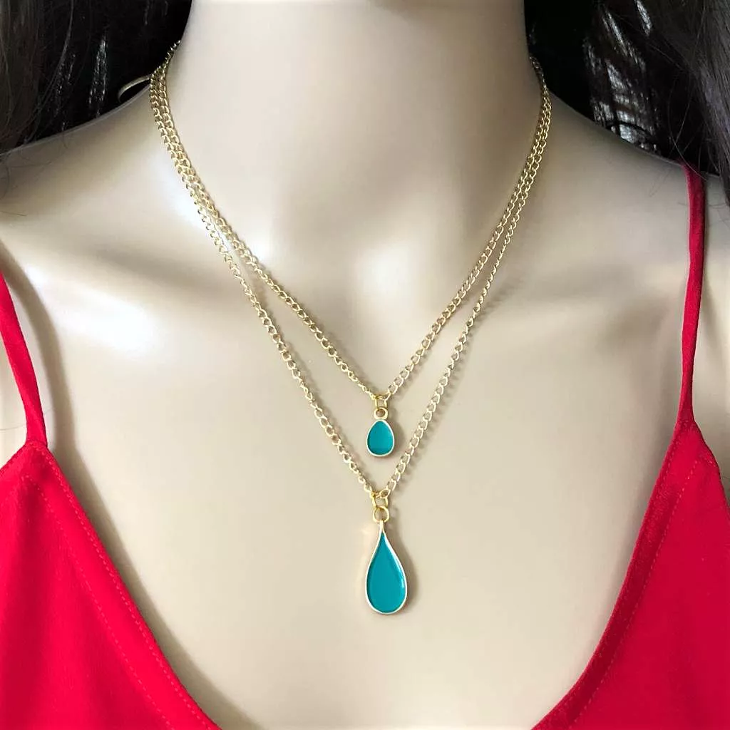 Colorful Enamel Teardrop Layered Gold Chain Necklace