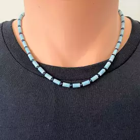 Denim Blue Agate Tube and Metallic Blue Toho Beaded Mens Necklace