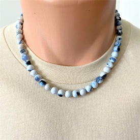 Denim Blue and White Agate Mens Beaded Necklace