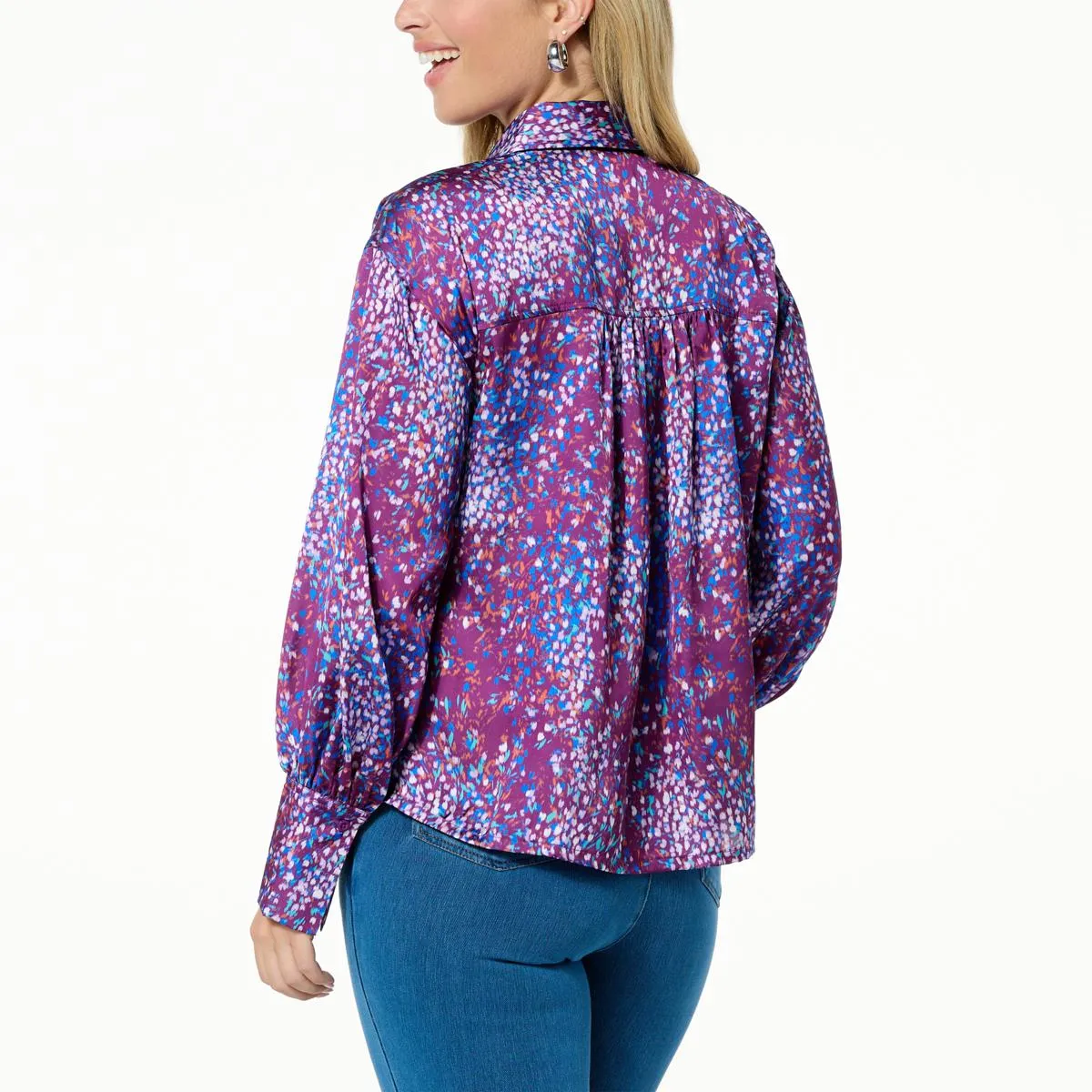      DG2 by Diane Gilman Printed Satin Button-Up Blouse     