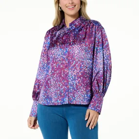      DG2 by Diane Gilman Printed Satin Button-Up Blouse     