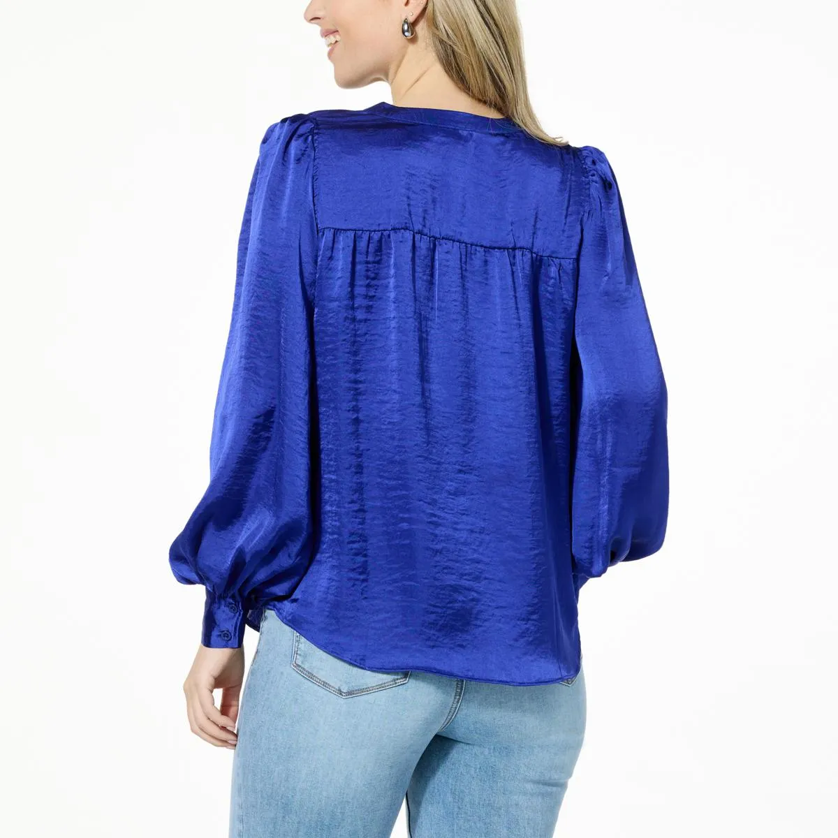      DG2 by Diane Gilman Satin V-Neck Puff-Sleeve Blouse     