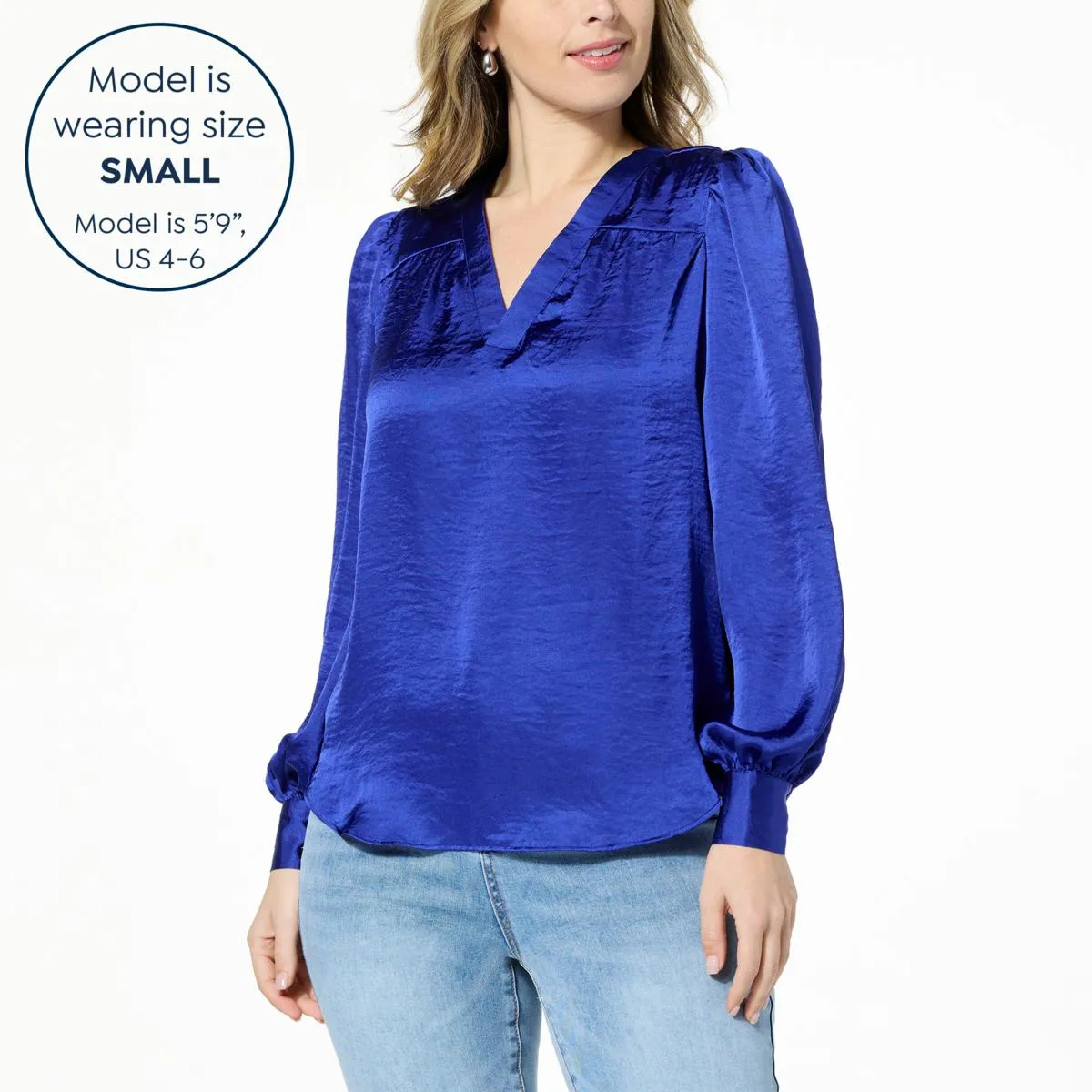      DG2 by Diane Gilman Satin V-Neck Puff-Sleeve Blouse     