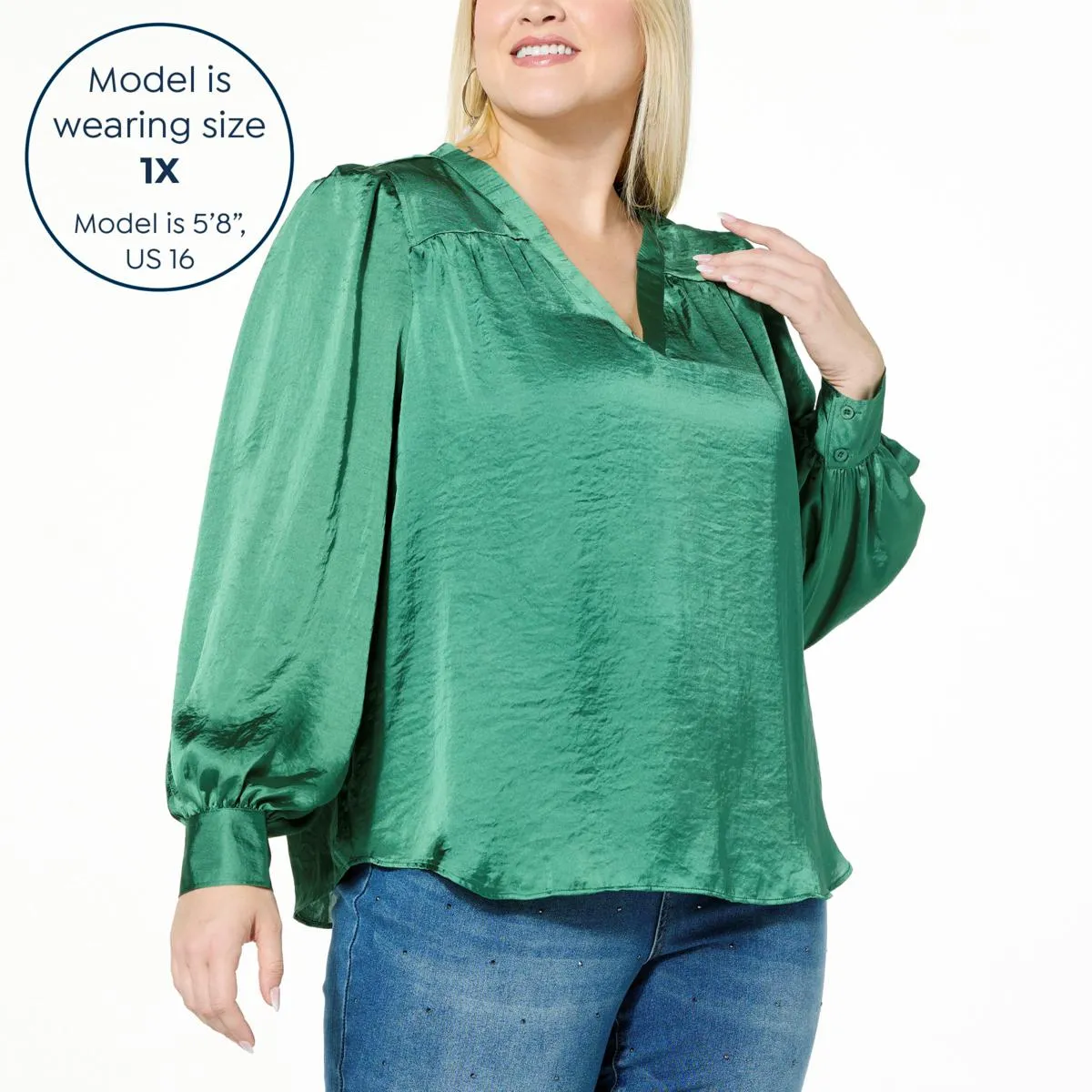      DG2 by Diane Gilman Satin V-Neck Puff-Sleeve Blouse     