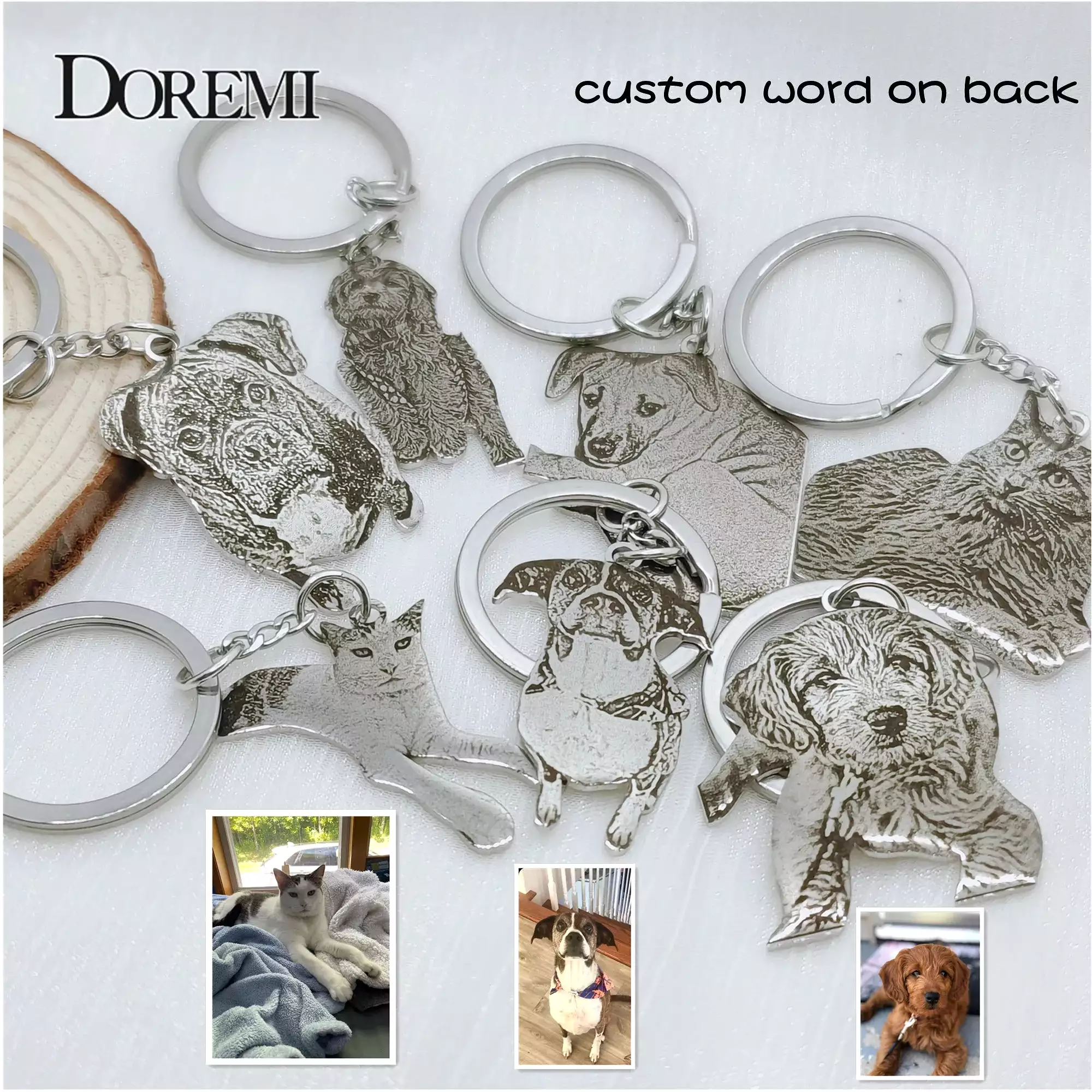 DOREMI Stainless Personalized Engraving Customize Your Pet Photo Necklace Dog Custom Cat Picture Keychain Birthday Memory Gift