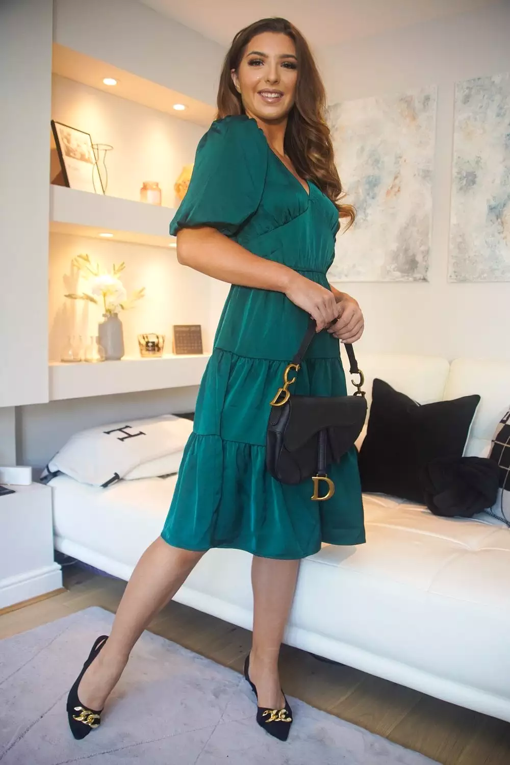 Double Second Green Satin Puff Sleeve V-neck Tiered Dress