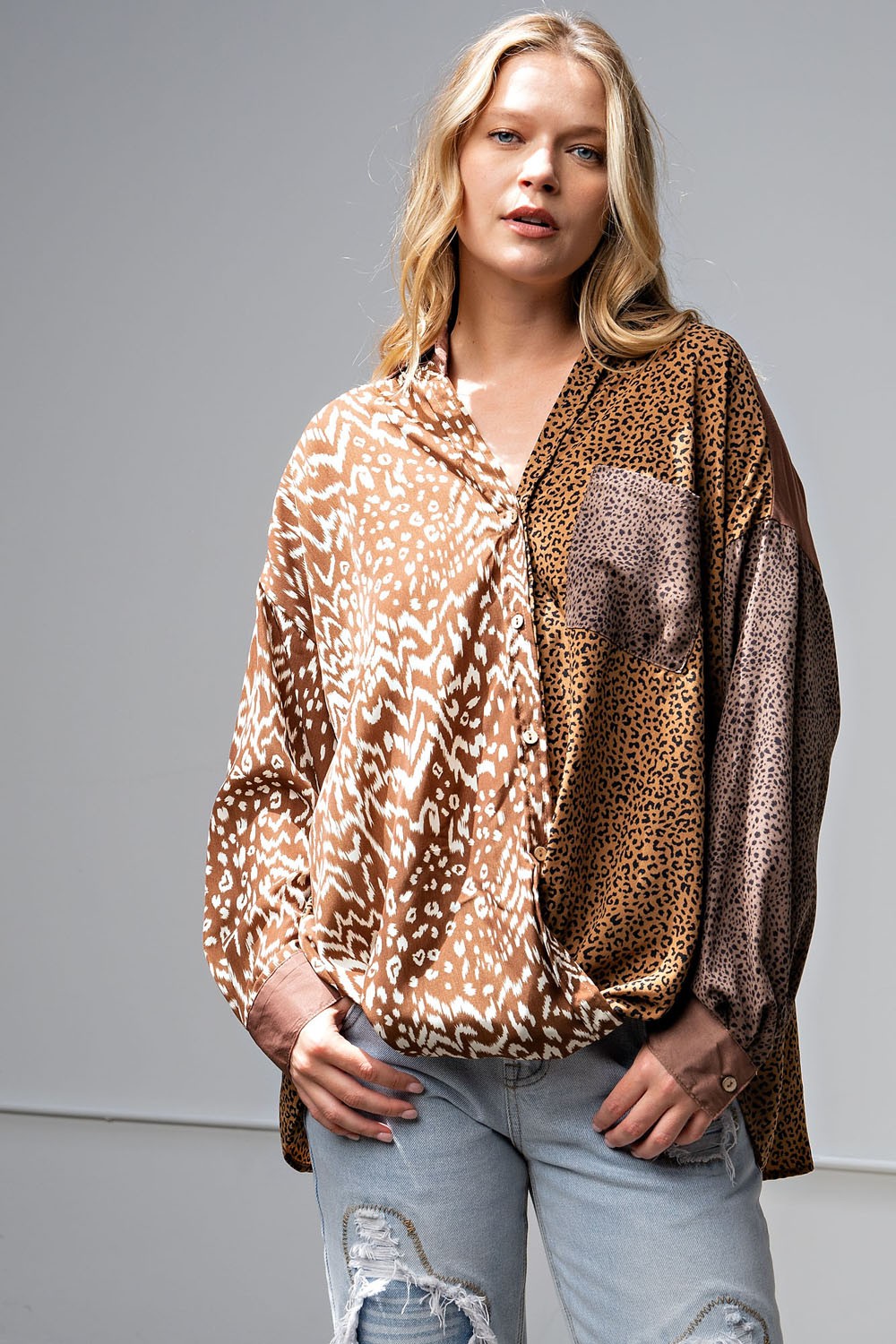 Easel Oversized Animal Print Button Down Satin Shirt