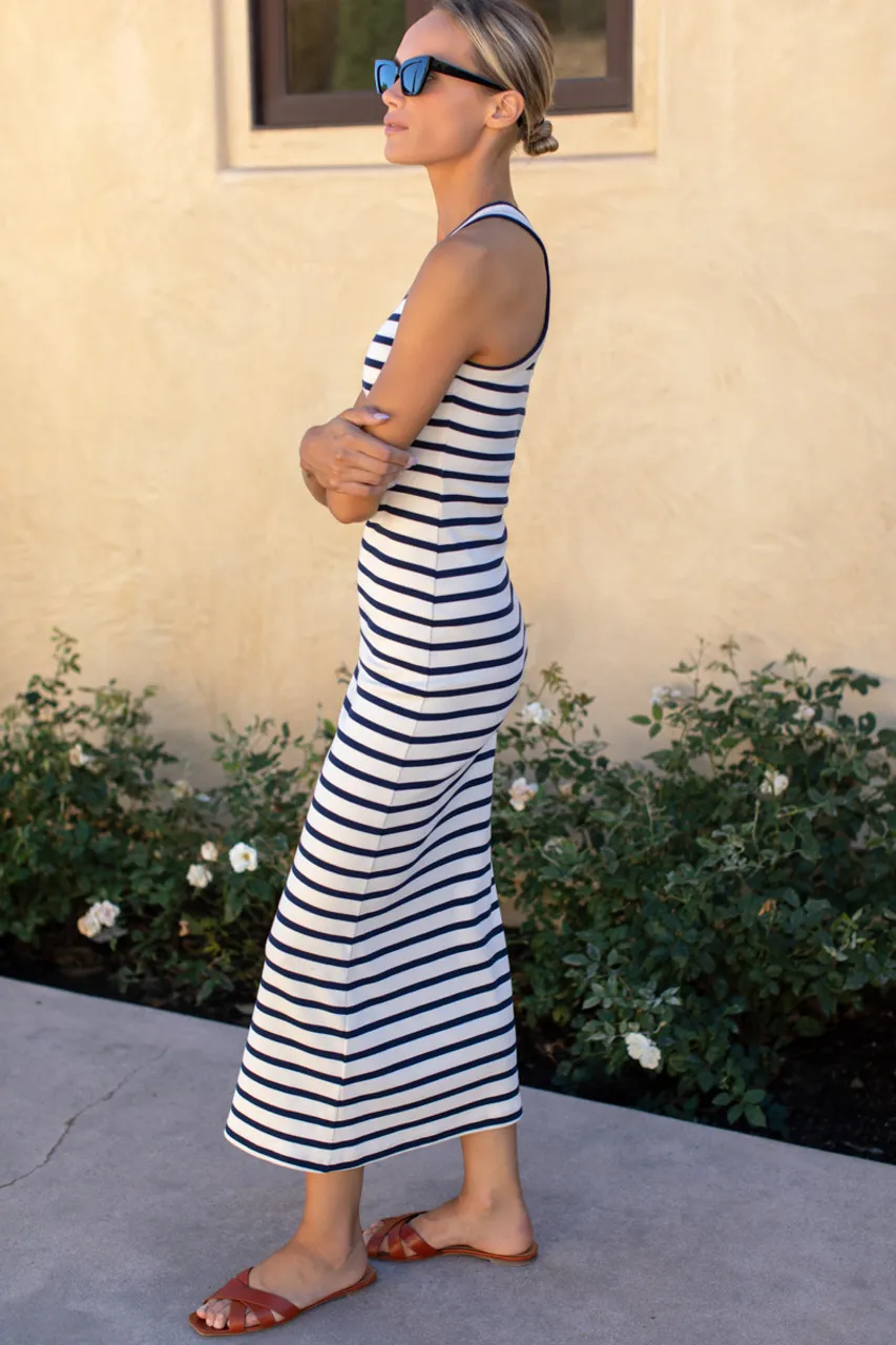 Emerson Fry Racerback Tank Dress Maxi, Navy Stripe