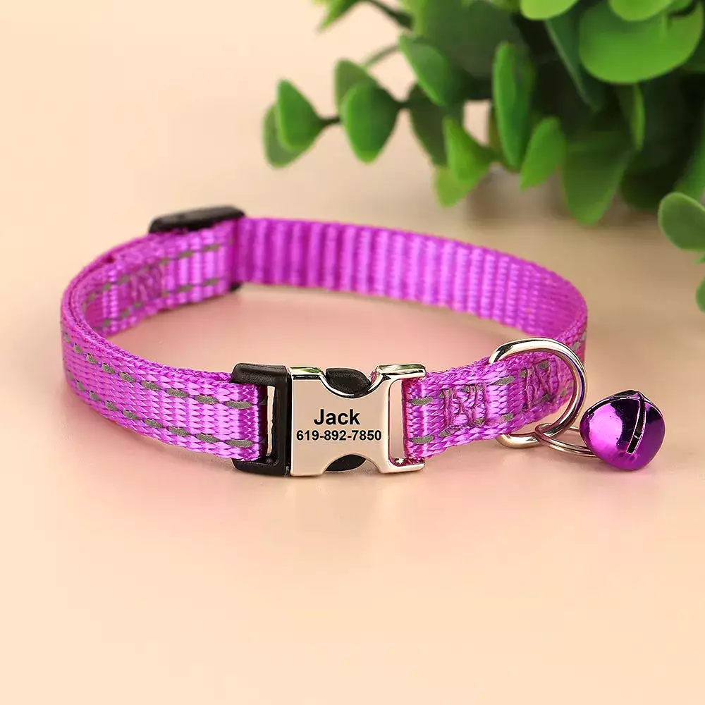 Engraved Custom Cat Collar Reflective Kitten Puppy Collars with Bell Personalized Pet Cats Collar Necklace Accessories 1cm Width